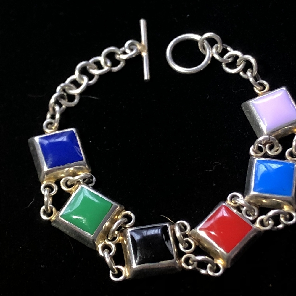 Vintage Mexico 925 Sterling Silver Multi-Stone Bracelet 7.25" - Picture 4 of 10